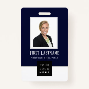 Barcode Photo Name ID Card Vertical Blue Navy Badge