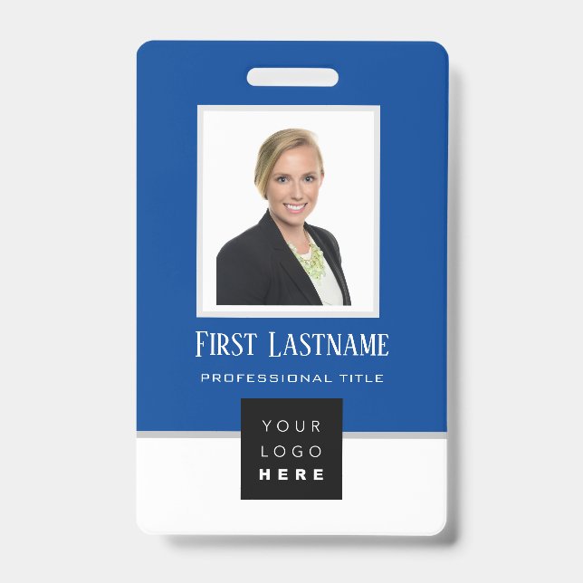 Barcode Photo Name ID Card Vertical Blue White Badge (Front)