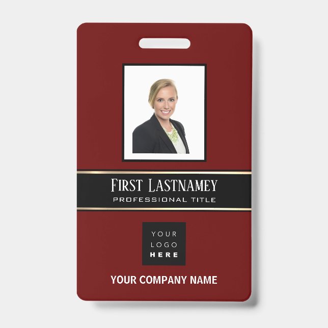 Barcode Photo Name ID Card Vertical Gold Burgundy Badge (Front)