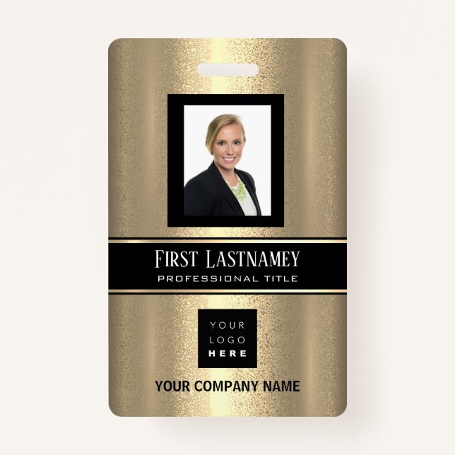 Barcode Photo Name ID Card Vertical Gold Frame Badge (Front)