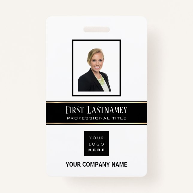 Barcode Photo Name ID Card Vertical Gold White Badge (Front)