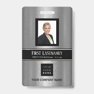 Barcode Photo Name ID Card Vertical Metal Grey Badge