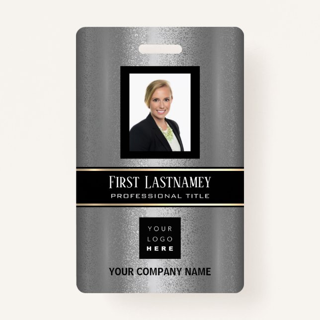 Barcode Photo Name ID Card Vertical Metal Grey Badge (Front)
