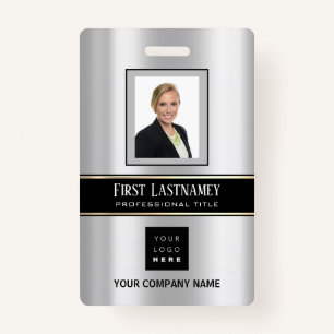 Barcode Photo Name ID Card Vertical Metal Grey Badge