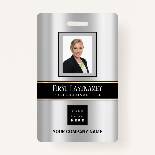 Barcode Photo Name ID Card Vertical Metal Grey Badge (Front)