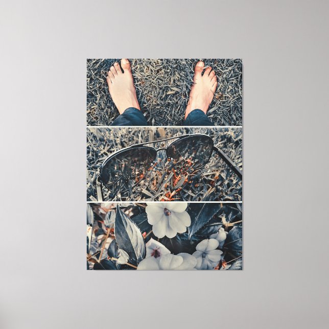 Bare feet, sunglasses and flowers on the grass col canvas print (Front)