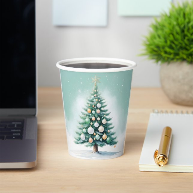 Bare Green Pine Tree | Silver Green Orange Paper Cups (Insitu)