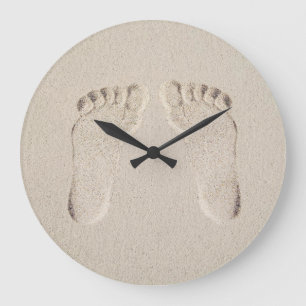 Barefoot Prints in Beach Sand Large Clock