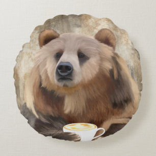 Barely Awake Bear Sipping Coffee Decorative Round Pillow