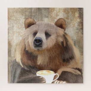 Barely Awake Grizzly Bear Sipping Coffee Jigsaw Puzzle
