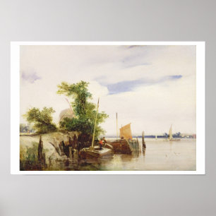 Barges on a River, c.1825-26 (oil on millboard) (s Poster