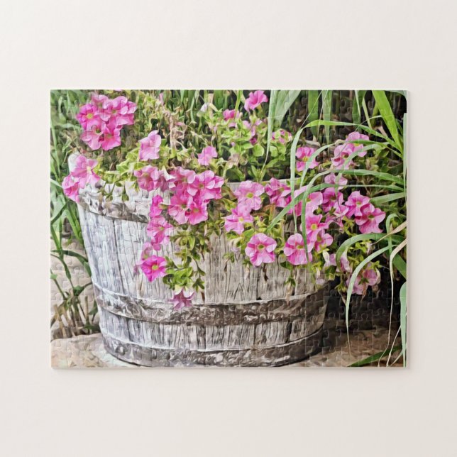 Baril rustique de fleurs roses Pansy Puzzle (Horizontal)