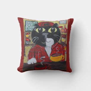 Barista Cat Folk Art Painting Throw Pillow