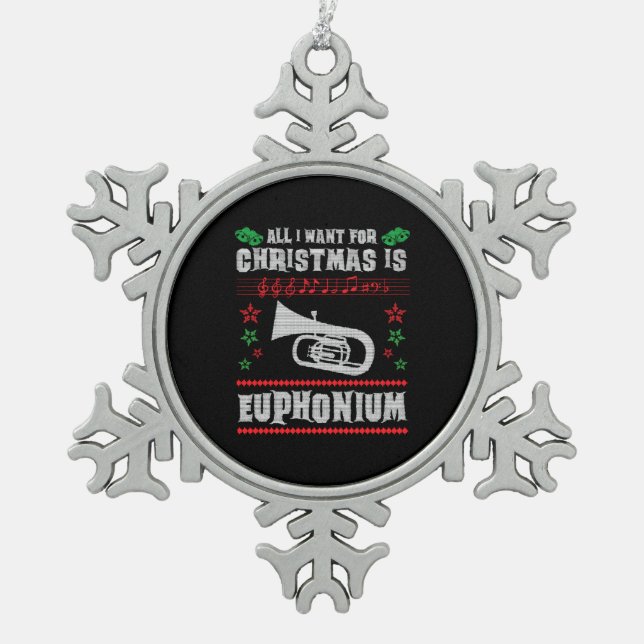 Baritone Euphonium Ugly Christmas Sweater Style Snowflake Pewter Christmas Ornament (Front)