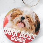 Bark Boss Pet Dog Photo Modern Cool Simple Keychain<br><div class="desc">Design is simple with a simple colour background and sans serif typography for a superhero look.</div>