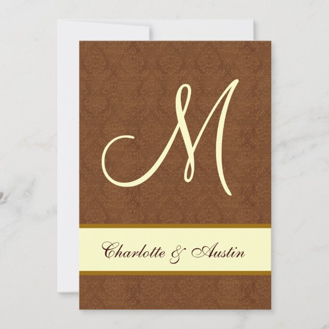 Bark Brown and Cream Damask Square Wedding A454 Invitation (Front)