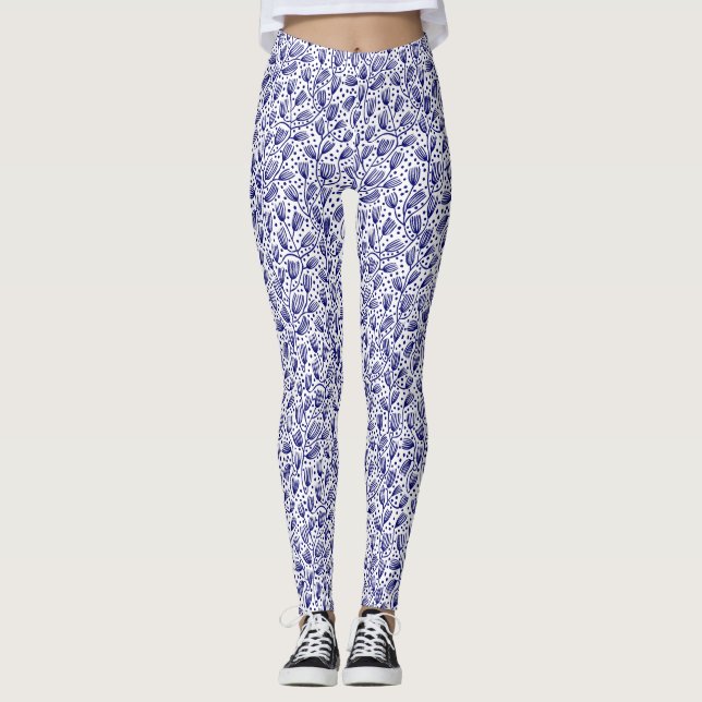 Barkcloth Style Pattern - Dark Navy on White Leggings (Front)