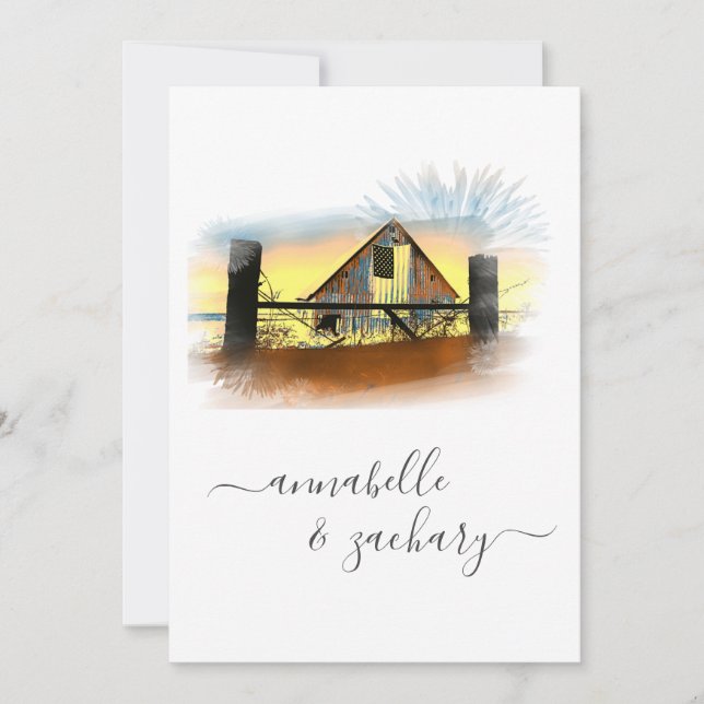 *~* Barn American Flag QR RSVP AR19 Wedding Invita Invitation (Front)