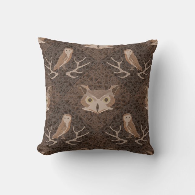 Barn and Hoot Owl Over a Brown Moss Pattern Throw Pillow (Front)