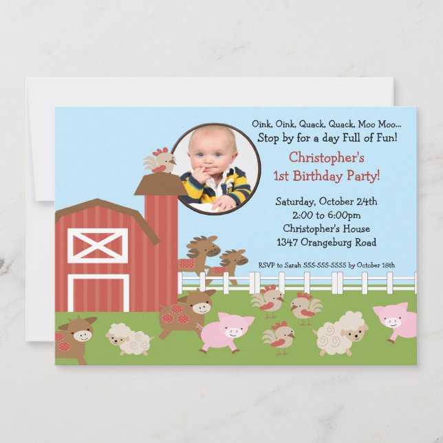 Barn Animal Fun Photo Invitation d'anniversaire (Devant)