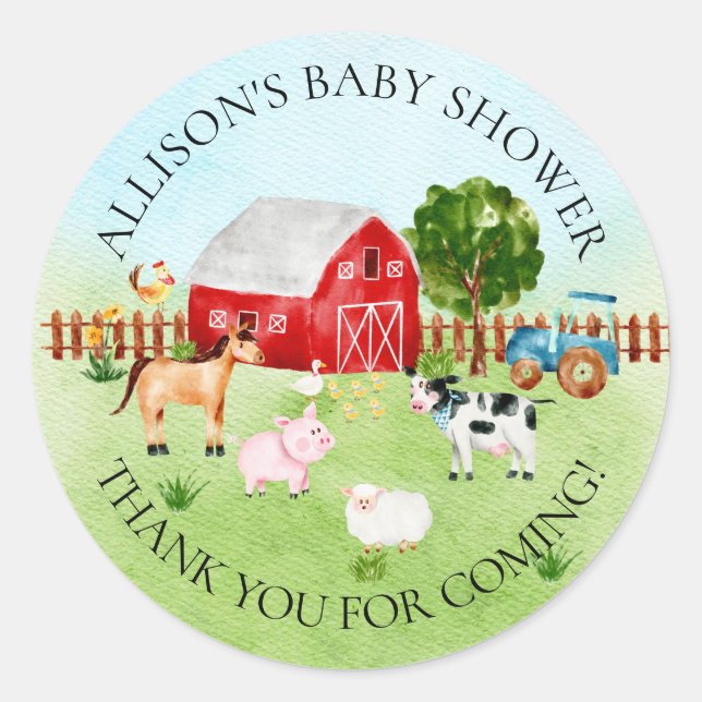 Barn Animals  Baby Shower Thank You Sticker (Front)