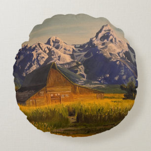 Barn at the Grand Teton, by Gary Poling Round Pillow