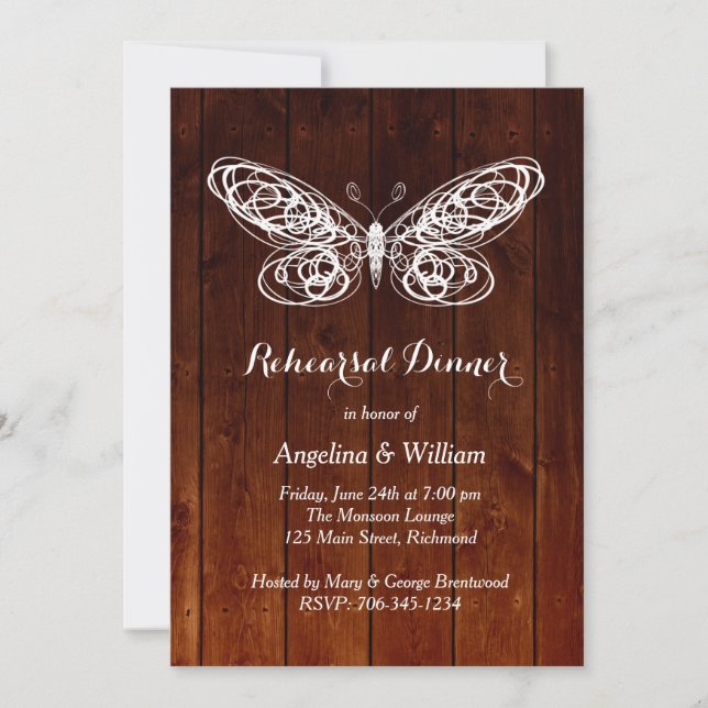 Barn Board Butterfly Rehearsal Dinner Invitation (Front)
