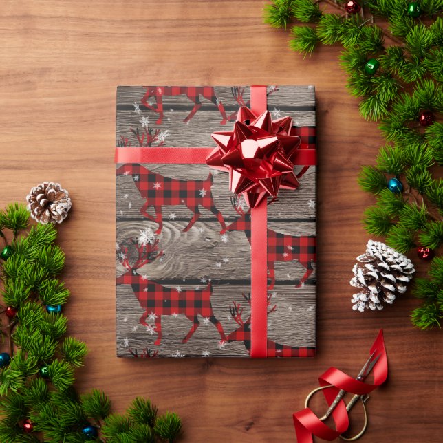 Barn Board Snowy Buffalo Plaid Stag  Wrapping Paper (Holiday Gift)
