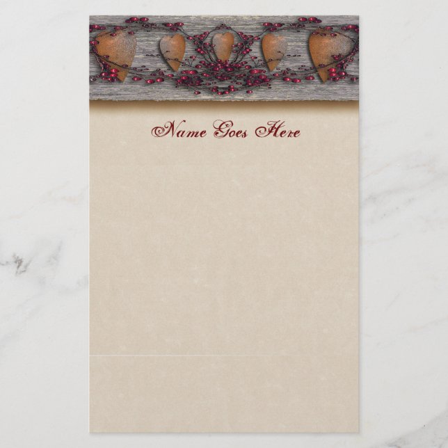 Barn Boards Rusted Hearts Stationery (Front)
