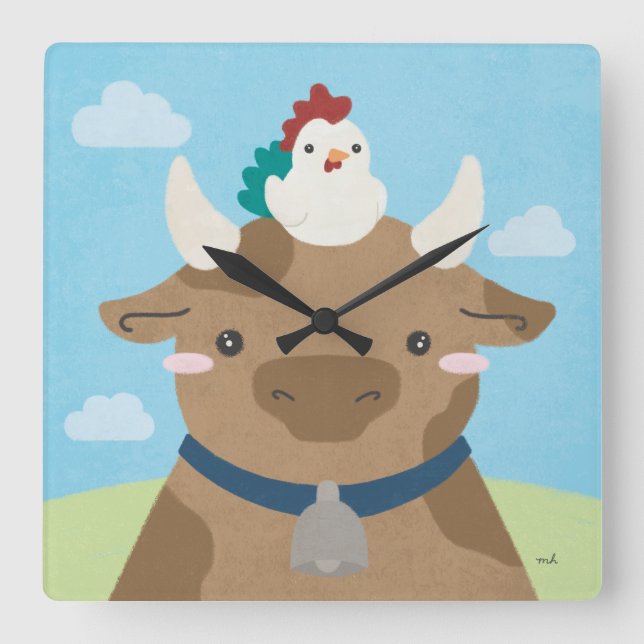 Barn Buddies - Cow & Chick Square Wall Clock (Front)