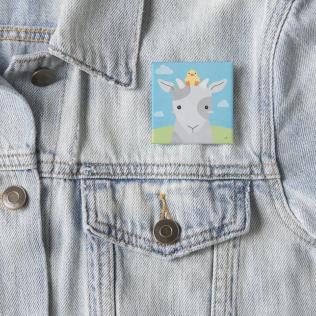 Barn Buddies - Goat & Chick 2 Inch Square Button (In Situ)
