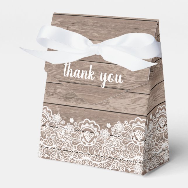 Barn Chic Rustic Brown Wood White Lace Wedding Favor Box (Front Side)