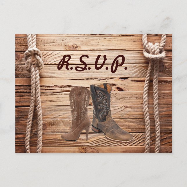 barn Cowboy Boots Western country Wedding rsvp Invitation Postcard (Front)