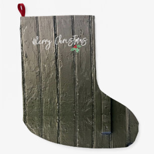 Barn Door Merry Christmas Holly Rustic Black Large Christmas Stocking