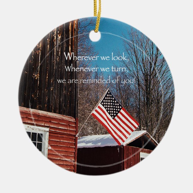 Barn Flag Patriotic Reminders All Around Ceramic Ornament (Front)