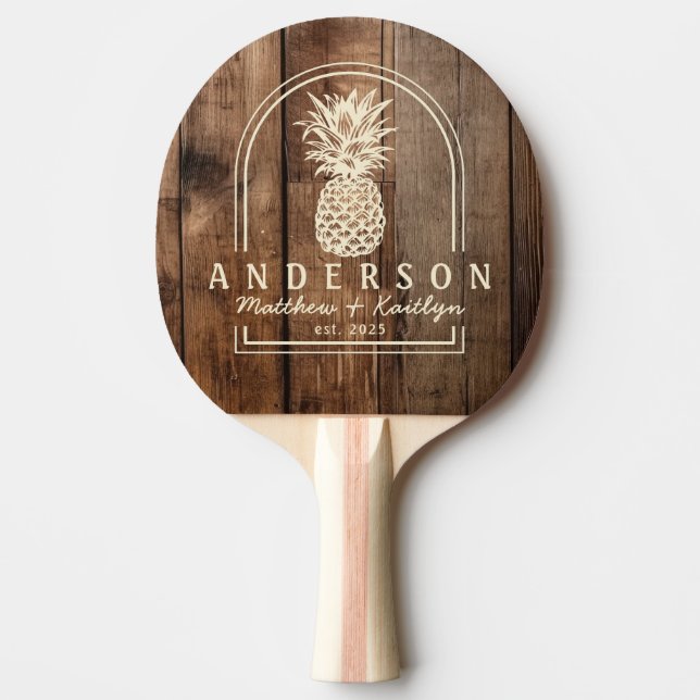 Barn Floor Boards Pineapple Wedding Arch&Name Ping Pong Paddle (Front)