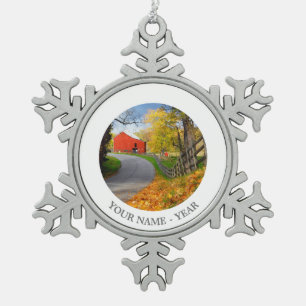 Barn in Fall Snowflake Pewter Christmas Ornament