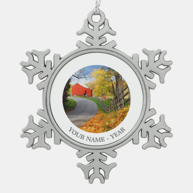 Barn in Fall Snowflake Pewter Christmas Ornament (Front)