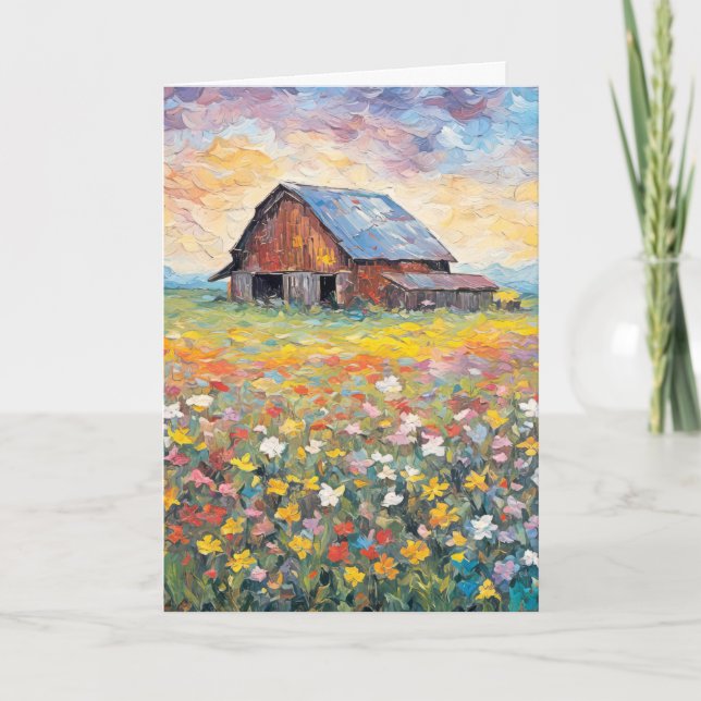 Barn In Wildflowers Thinking of You Card (Front)