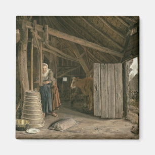 Barn Interior with a Maid Churning Butter Magnet