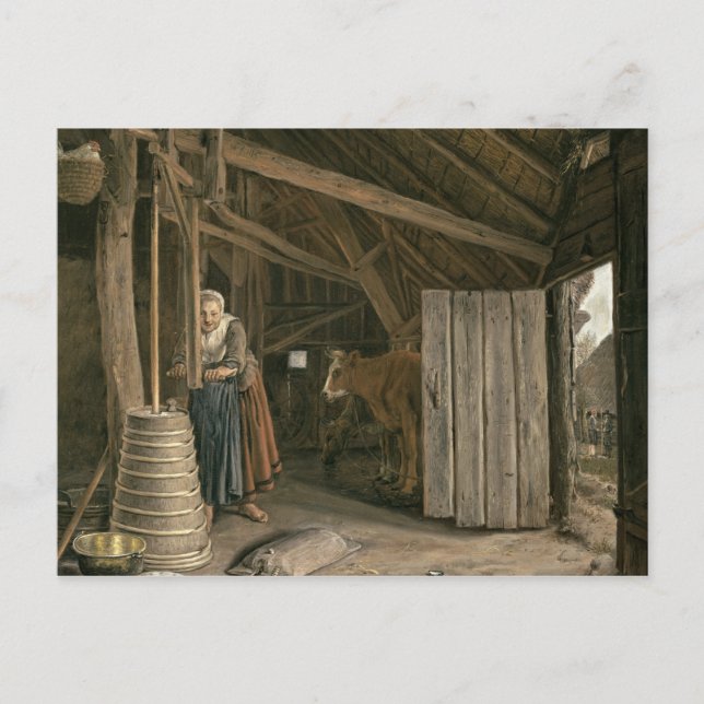 Barn Interior with a Maid Churning Butter Postcard (Front)