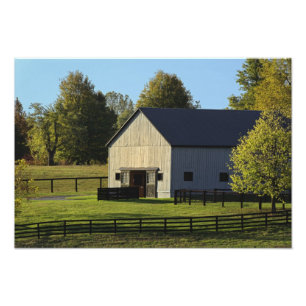Barn on thoroughbred horse farm at sunrise, photo print