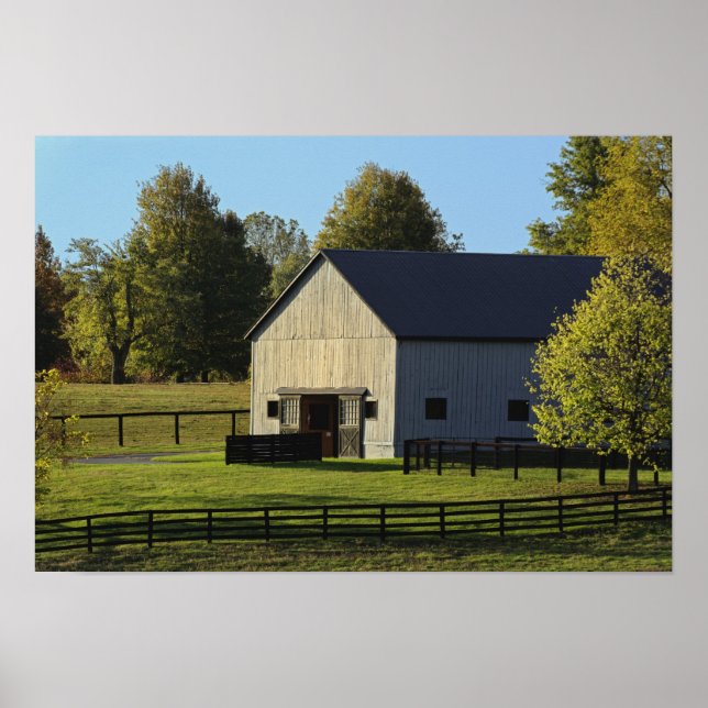 Barn on thoroughbred horse farm at sunrise, poster (Front)