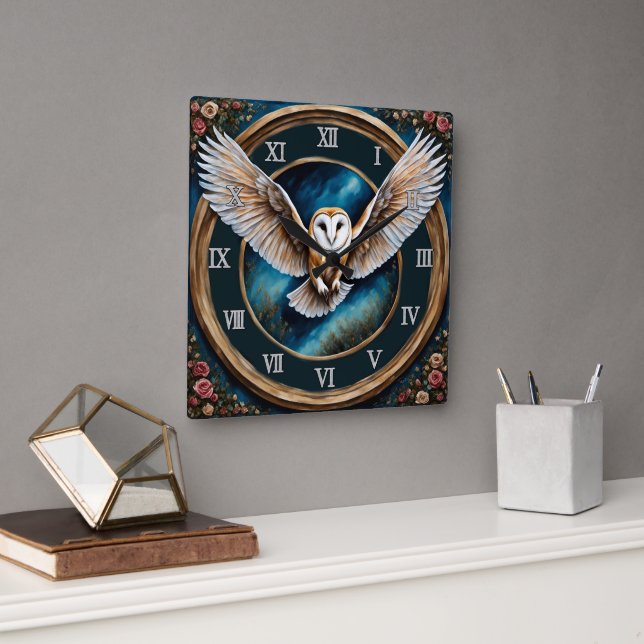 Barn Owl and Roses Fantasy Art Square Wall Clock (Office)