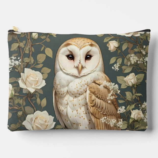 Barn Owl And White Roses William Morris Inspired Accessory Pouch (Front)