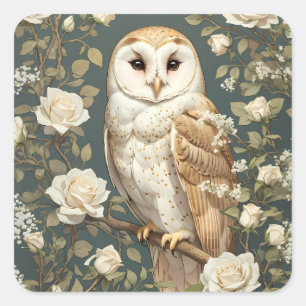 Barn Owl And White Roses William Morris Inspired Square Sticker