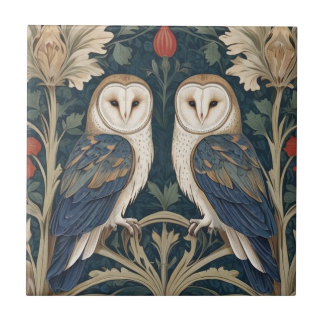 Barn Owl Couple William Morris style two owls Tile (Front)