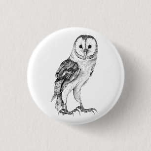 Barn Owl - Drawing In Black Pen 1 Inch Round Button