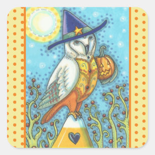 BARN OWL FOLK ART, HALLOWEEN BIRD STICKERS Square