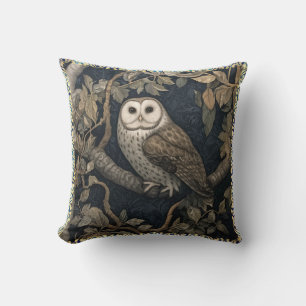 Barn Owl in a Night Forest William Morris Style Throw Pillow